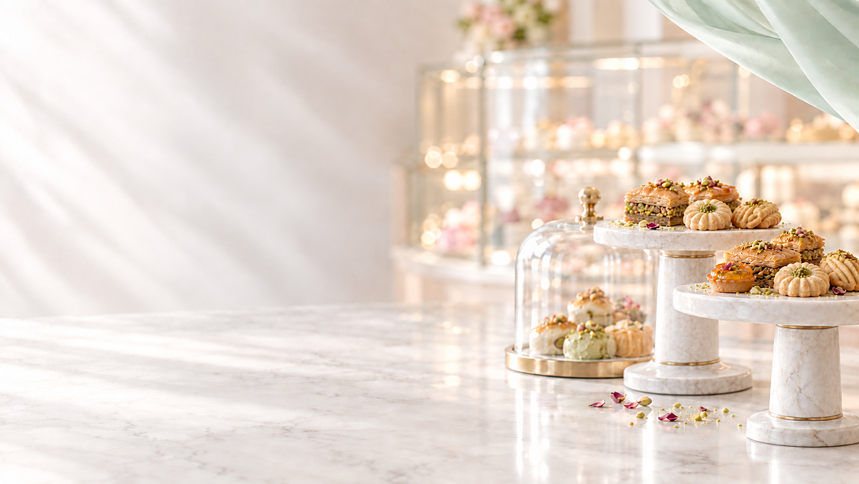 A soft luxury editorial image of a pastel patisserie boutique: white marble and gold pedestal stands with delicate cream confections dusted with pistachio and rose petals, a glass cloche, and a softly blurred glowing display case behind, on white marble with pale ice-mint satin