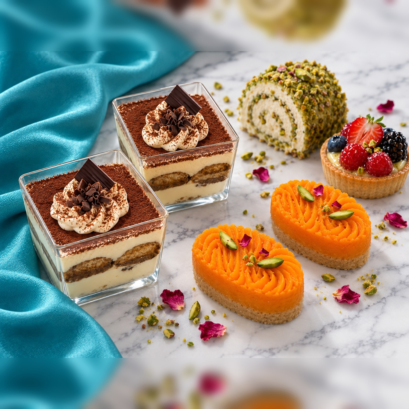 A soft watercolour illustration of layered dessert cups, a berry tart and a slice of cake on gold-rimmed porcelain