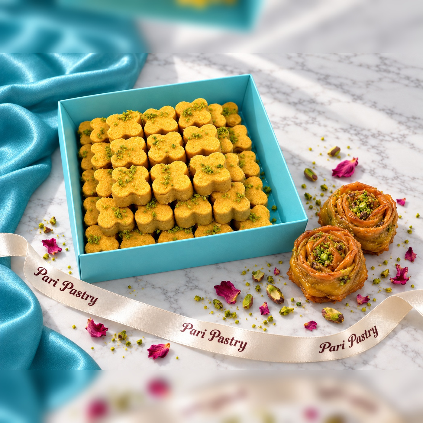 A soft watercolour illustration of a footed floral porcelain bowl heaped with small dry pastries beside a turquoise Pari Pastry gift box